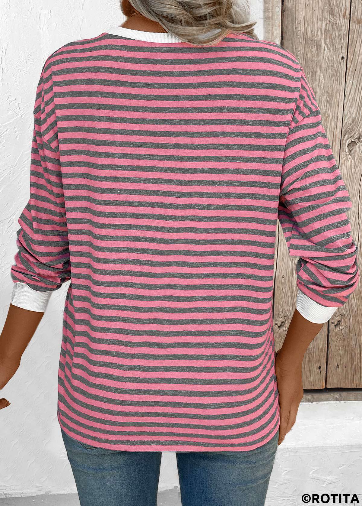 Pink tops,Striped tops,Geometric tops,ROTITA Striped Pink Round Neck Long Sleeve T Shirt