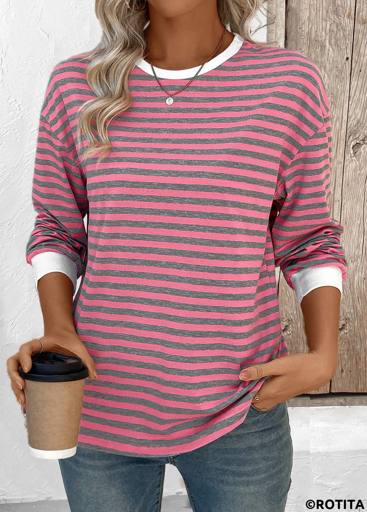 Pink tops,Striped tops,Geometric tops,ROTITA Striped Pink Round Neck Long Sleeve T Shirt