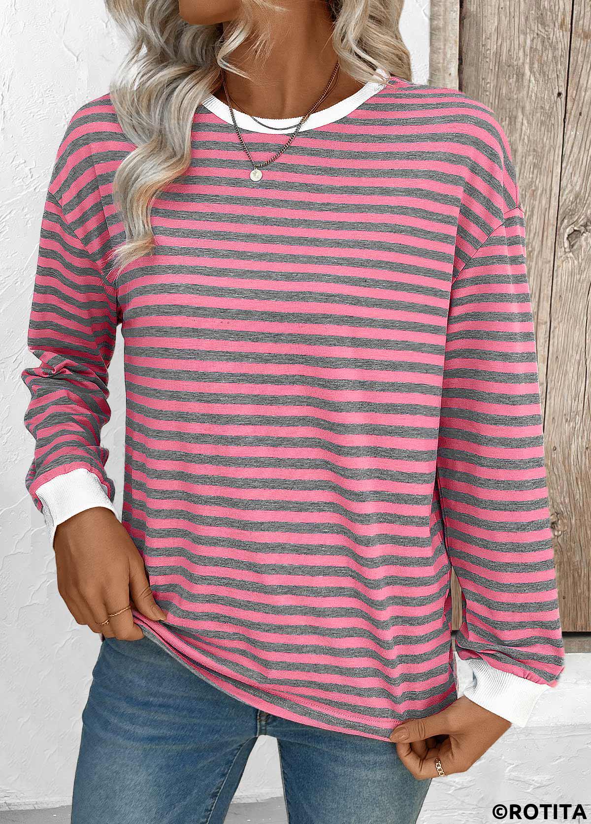 Pink tops,Striped tops,Geometric tops,ROTITA Striped Pink Round Neck Long Sleeve T Shirt