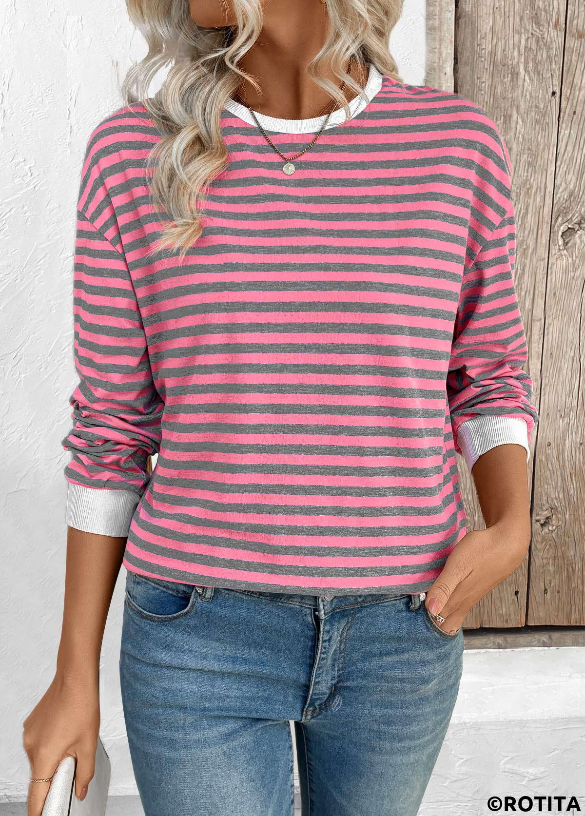 Pink tops,Striped tops,Geometric tops,ROTITA Striped Pink Round Neck Long Sleeve T Shirt