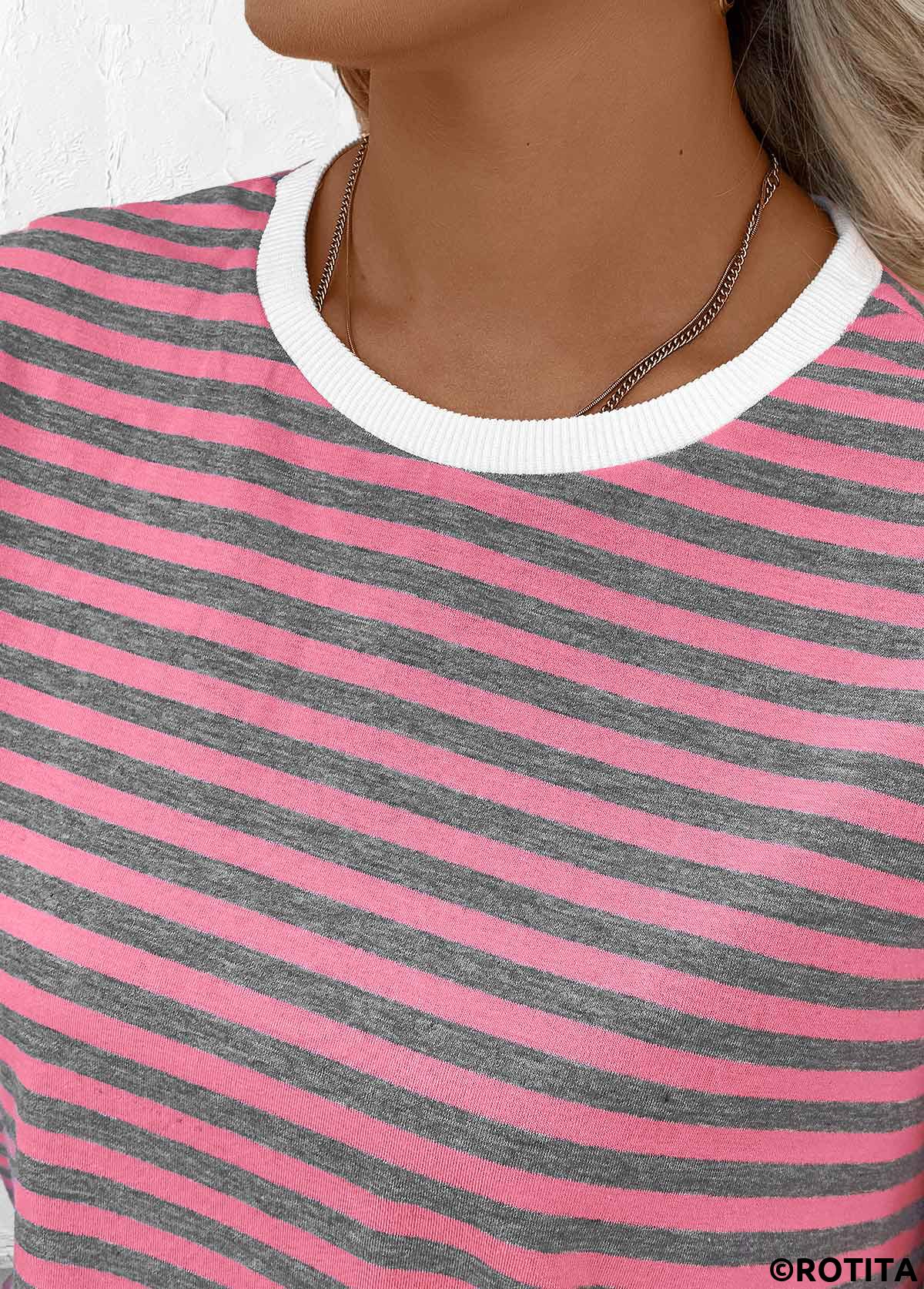 Pink tops,Striped tops,Geometric tops,ROTITA Striped Pink Round Neck Long Sleeve T Shirt