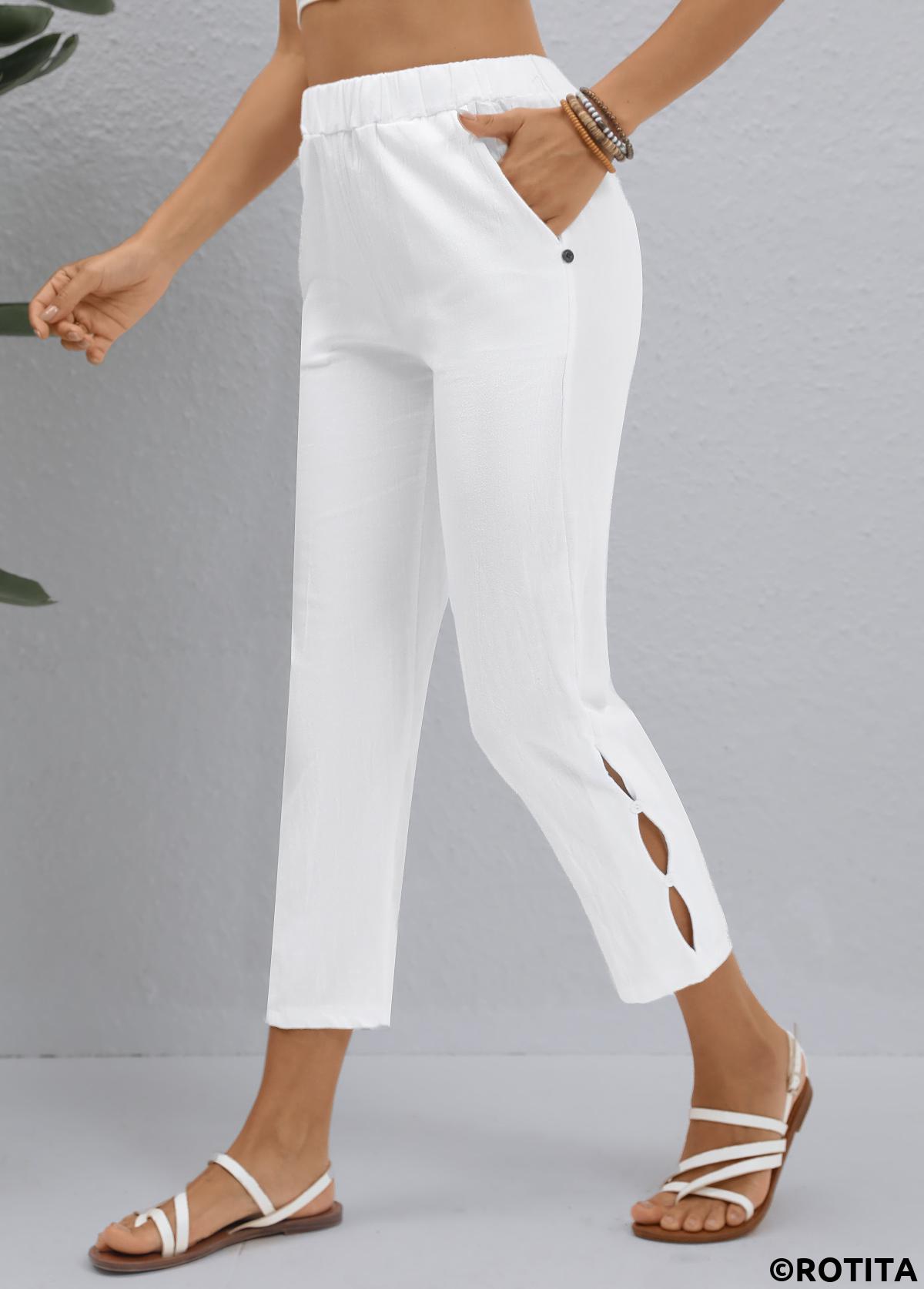 White bottoms,Plain Color bottoms,White Elastic Waist High Waisted Pants