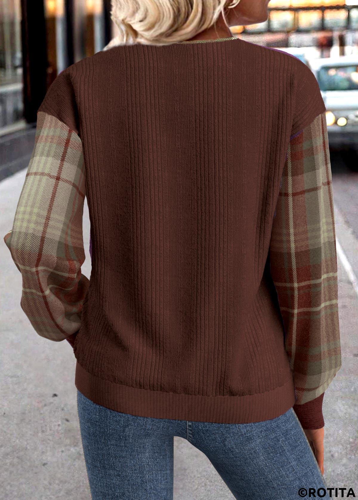 Dark Coffee tops,Plaid tops,ROTITA Button Plaid Dark Coffee Split Neck Long Sleeve Sweatshirt