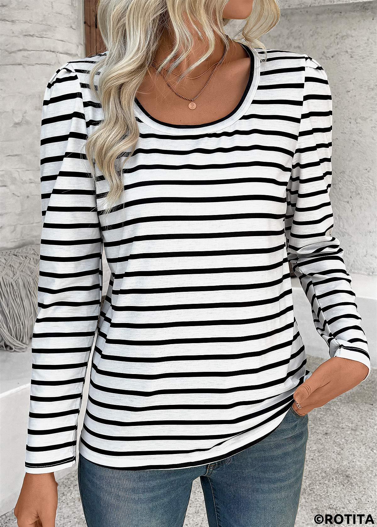 White tops,Striped tops,Geometric tops,ROTITA Striped White Round Neck Long Sleeve T Shirt