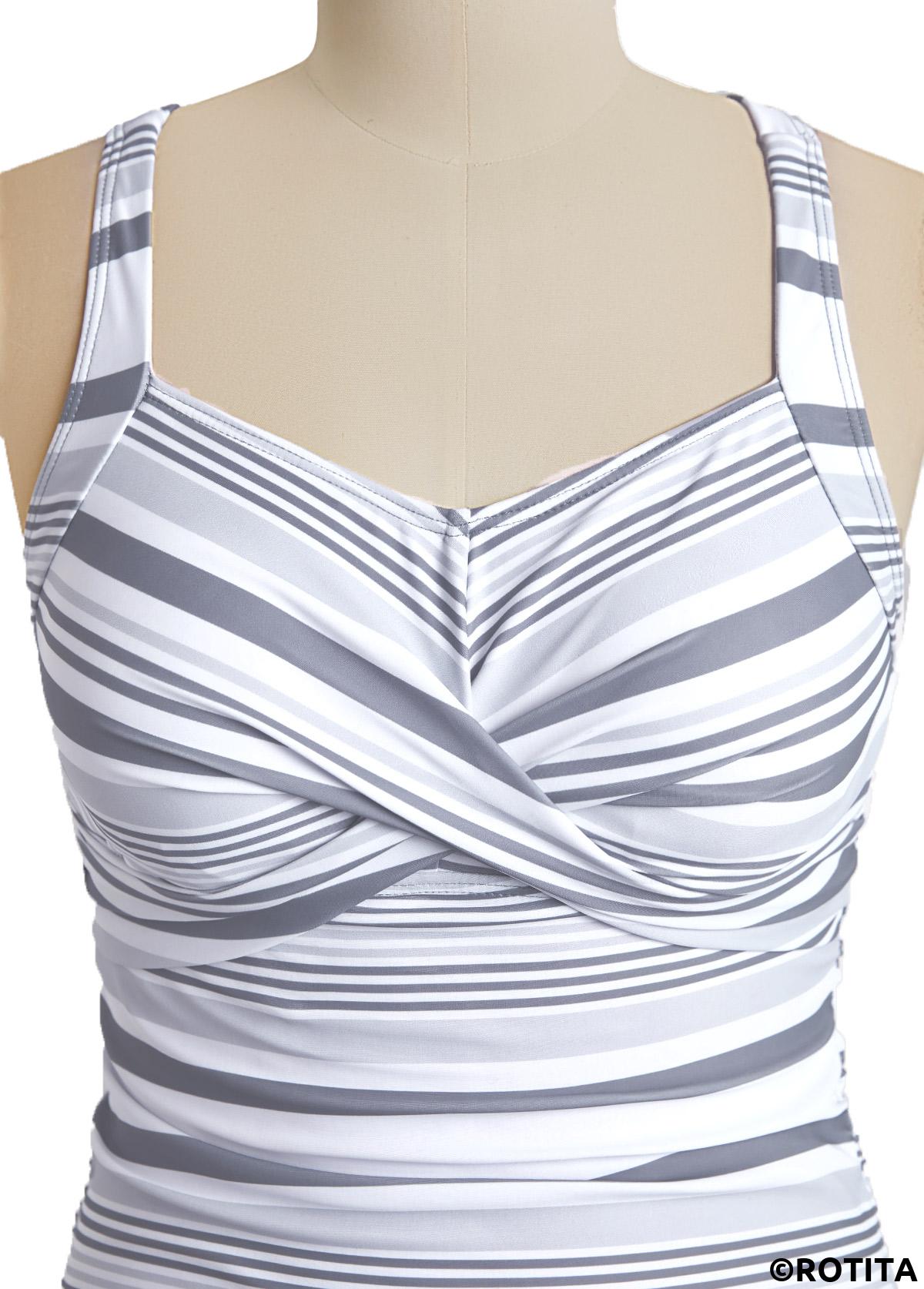 Grey swimwear,Striped swimwear,Geometric swimwear,ROTITA Criss Cross Grey Striped Tankini Set