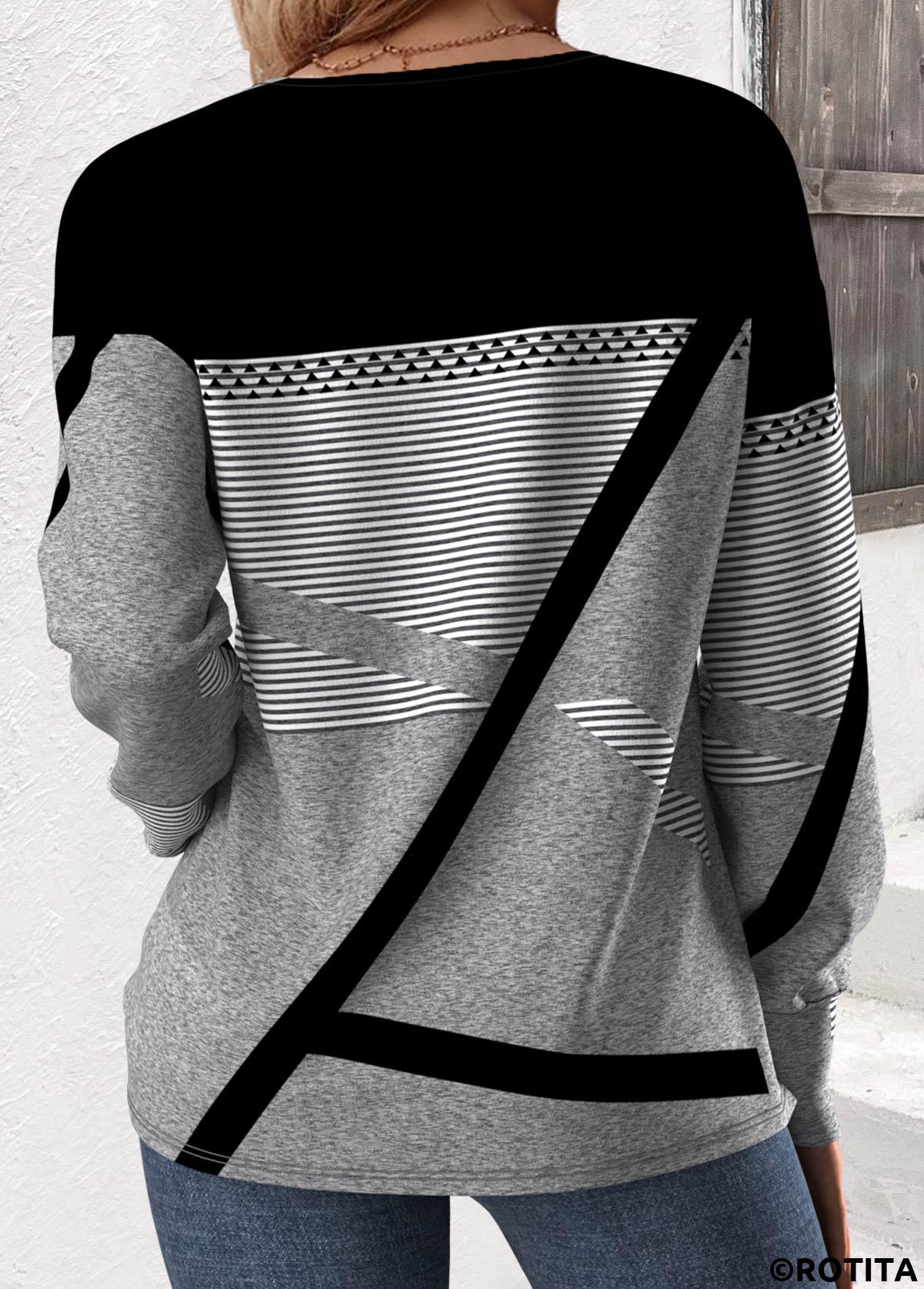 Grey tops,Geometric tops,ROTITA Button Geometric Print Grey V Neck T Shirt