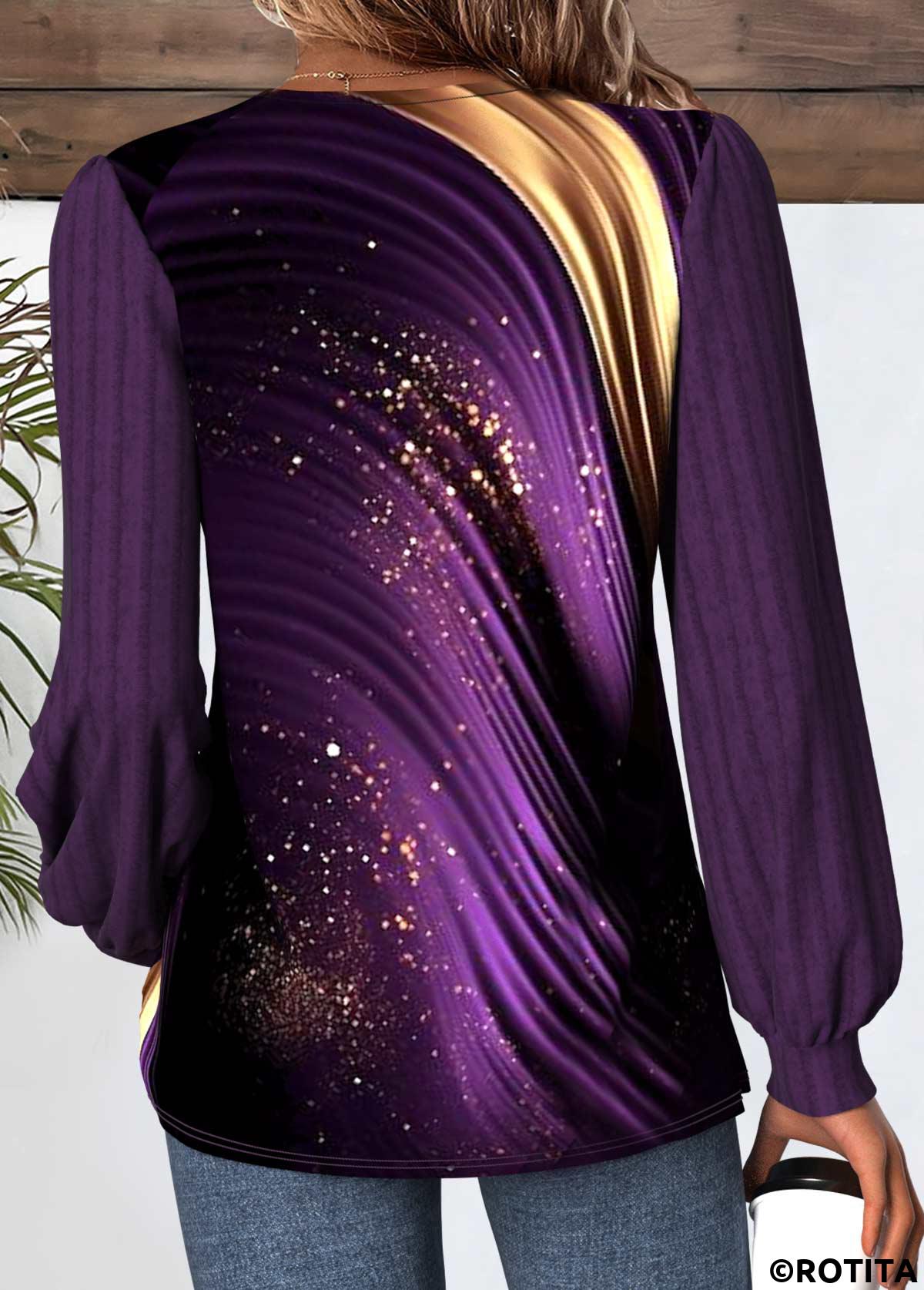 T-shirt à manches longues et col en V violet ombré à boutons Rotita
