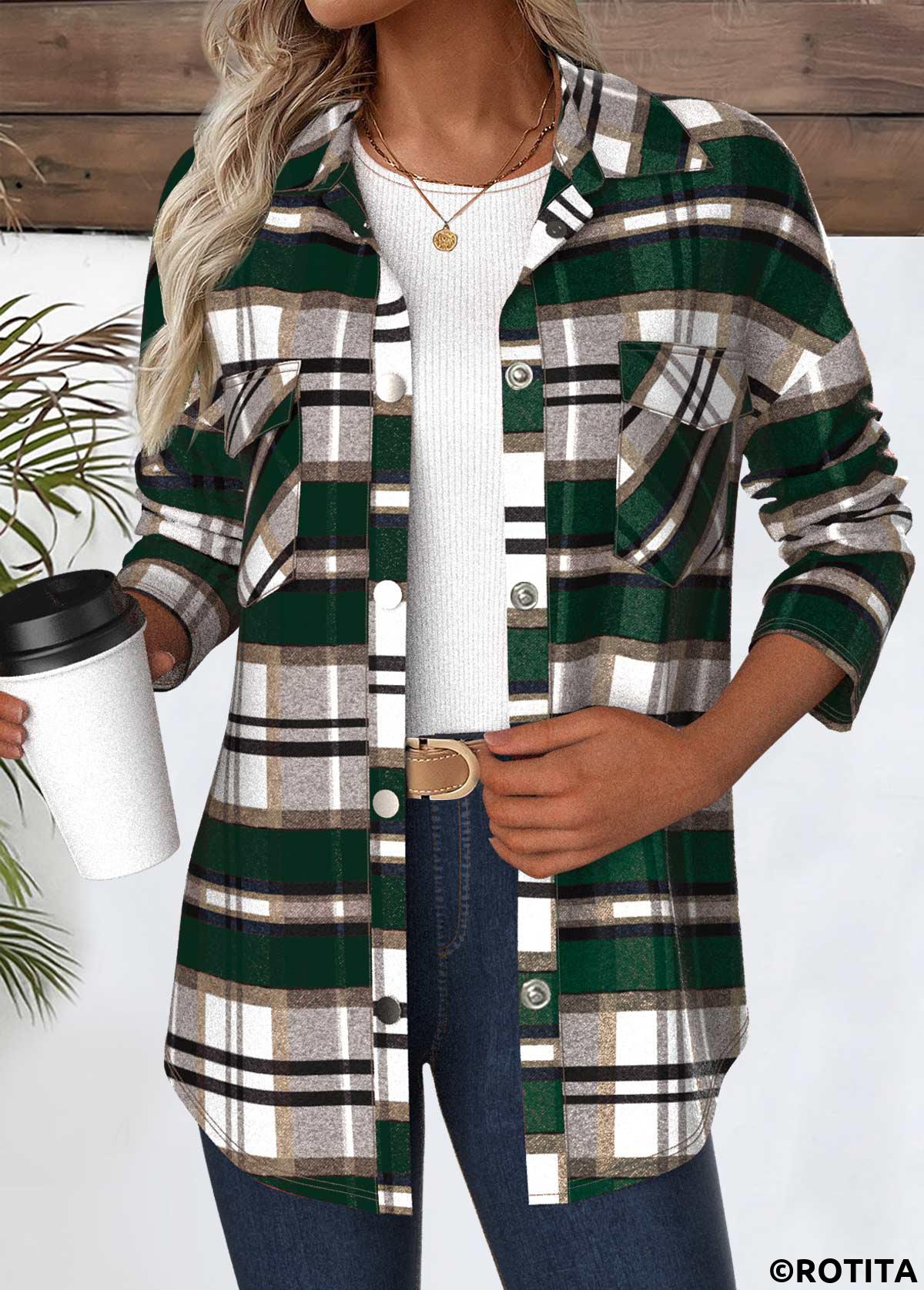 Green tops,Plaid tops,Geometric tops,ROTITA Snap Button Plaid Green Turn Down Collar Coat
