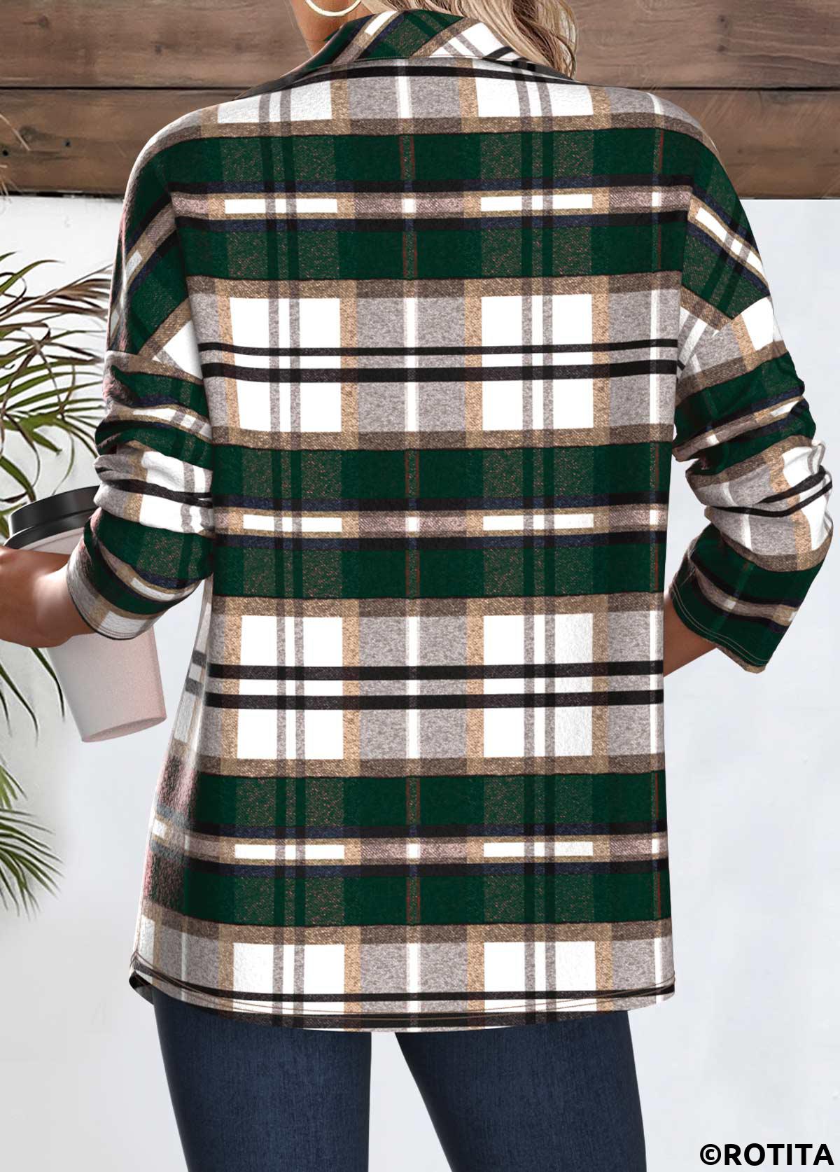 Green tops,Plaid tops,Geometric tops,ROTITA Snap Button Plaid Green Turn Down Collar Coat