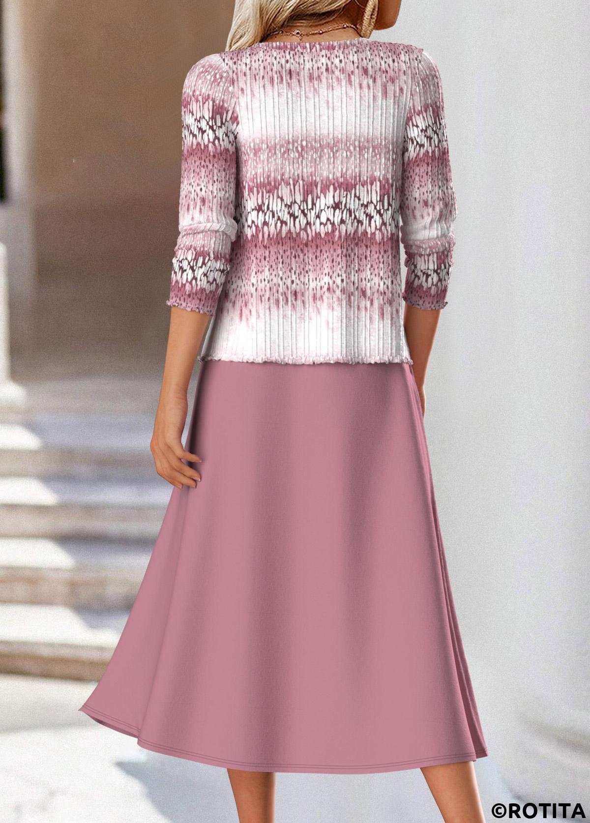 Pink dresses,Ombre dresses,Everyday dresses,Casual dresses,ROTITA Two Piece Ombre Pink Round Neck Dress and Cardigan