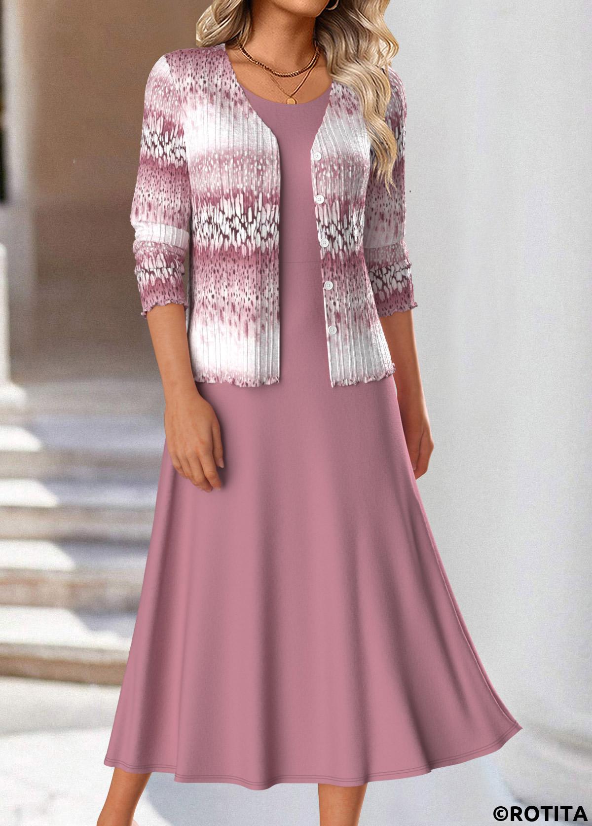 Pink dresses,Ombre dresses,Everyday dresses,Casual dresses,ROTITA Two Piece Ombre Pink Round Neck Dress and Cardigan