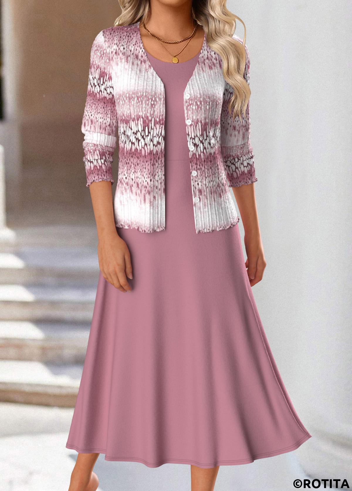 Pink dresses,Ombre dresses,Everyday dresses,Casual dresses,ROTITA Two Piece Ombre Pink Round Neck Dress and Cardigan