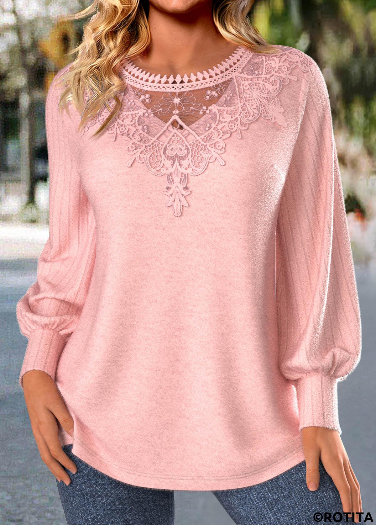 Light Pink tops,Plain Color tops,ROTITA Embroidery Light Pink Round Neck Long Sleeve T Shirt