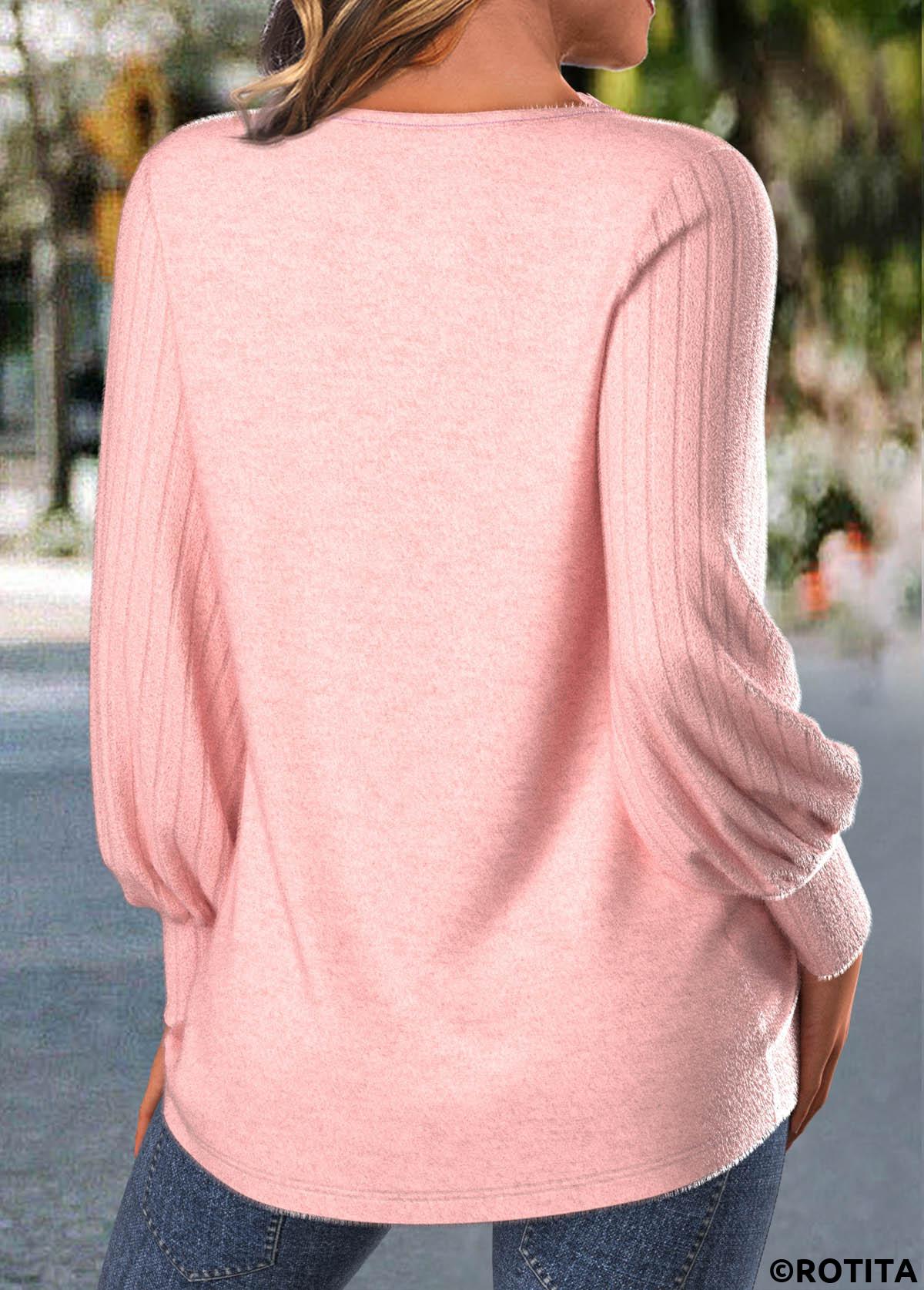 Light Pink tops,Plain Color tops,ROTITA Embroidery Light Pink Round Neck Long Sleeve T Shirt