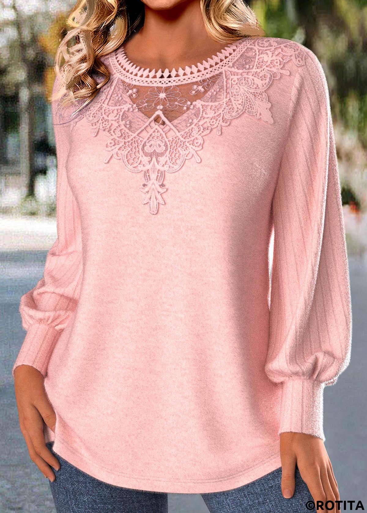 Light Pink tops,Plain Color tops,ROTITA Embroidery Light Pink Round Neck Long Sleeve T Shirt