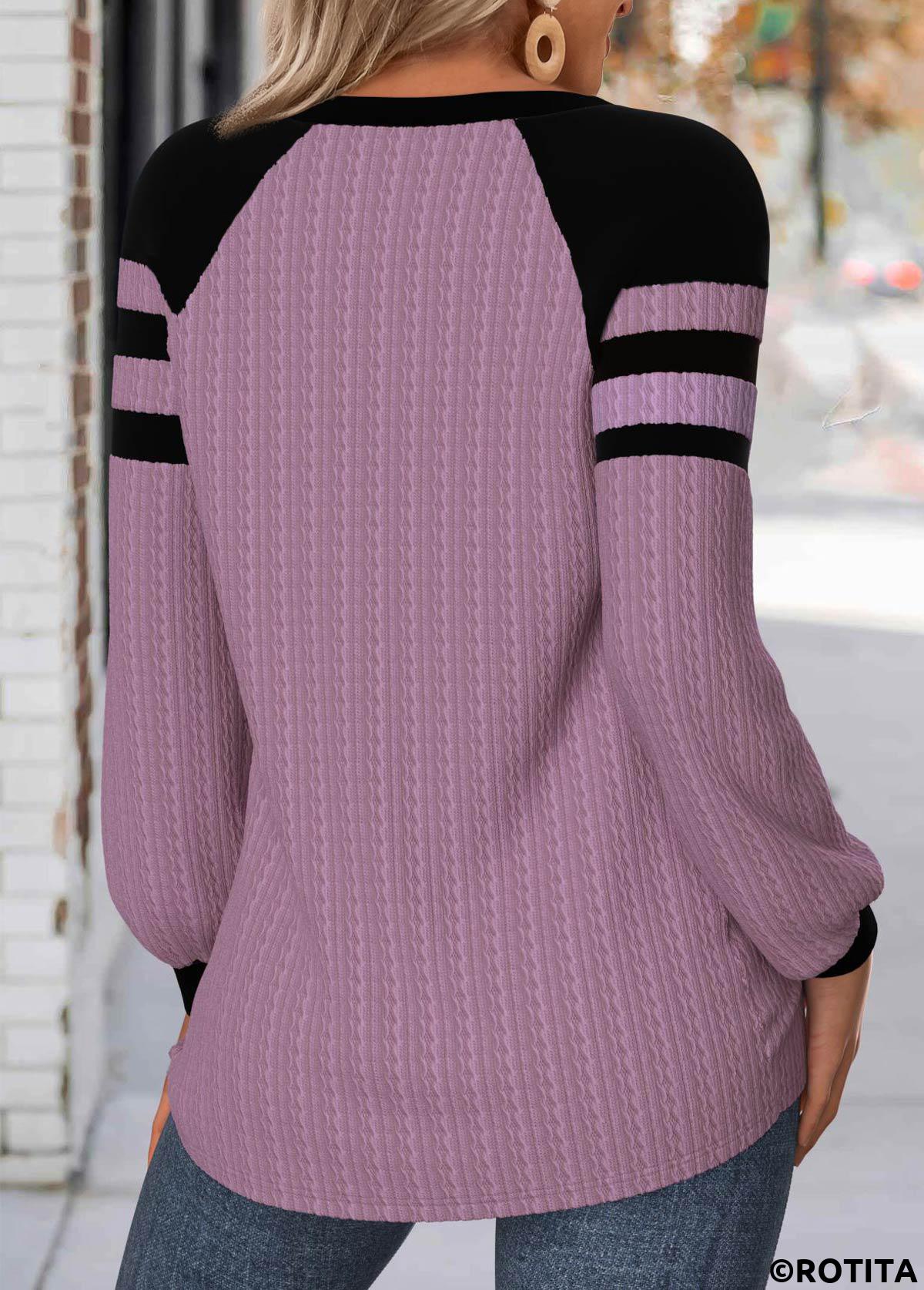 Light Purple tops,Contrast Color tops,ROTITA Button Light Purple Round Neck Long Sleeve Sweatshirt