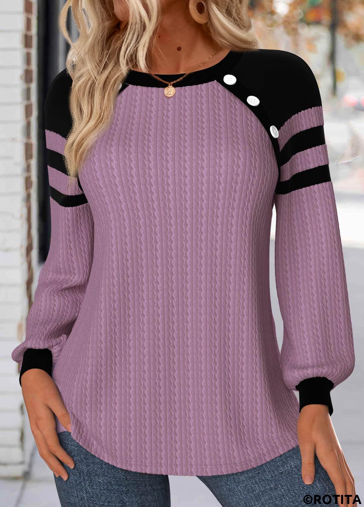 Light Purple tops,Contrast Color tops,ROTITA Button Light Purple Round Neck Long Sleeve Sweatshirt