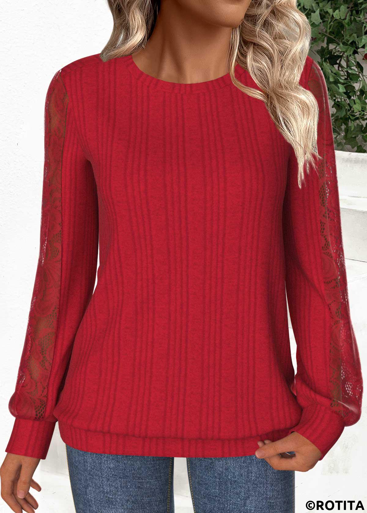 Red tops,Plain Color tops,ROTITA Lace Red Round Neck Long Sleeve Sweatshirt