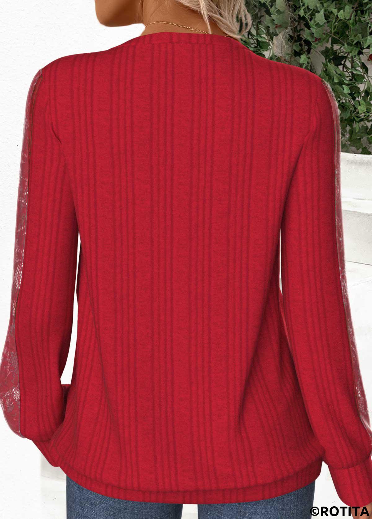 Red tops,Plain Color tops,ROTITA Lace Red Round Neck Long Sleeve Sweatshirt