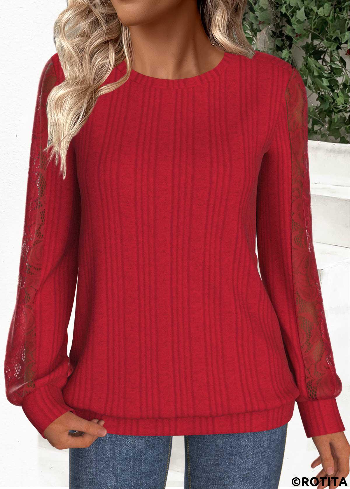 Red tops,Plain Color tops,ROTITA Lace Red Round Neck Long Sleeve Sweatshirt