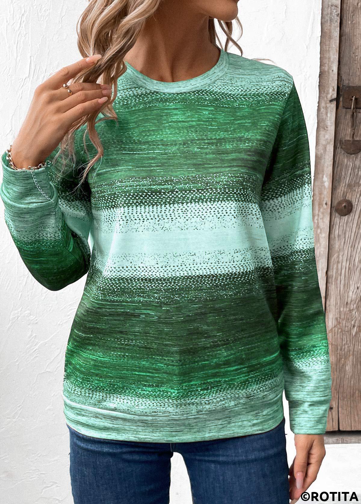 Green tops,Tribal tops,ROTITA Patchwork Tribal Print Green Round Neck Sweatshirt