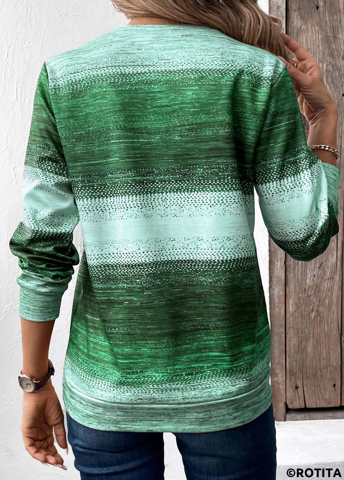 Green tops,Tribal tops,ROTITA Patchwork Tribal Print Green Round Neck Sweatshirt