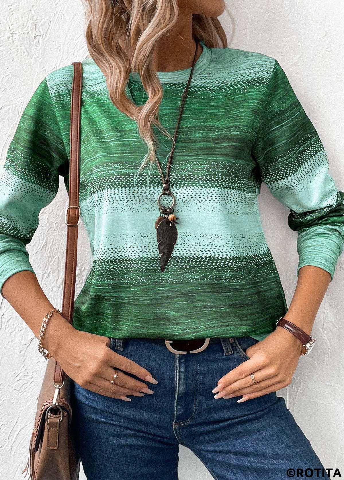 Green tops,Tribal tops,ROTITA Patchwork Tribal Print Green Round Neck Sweatshirt