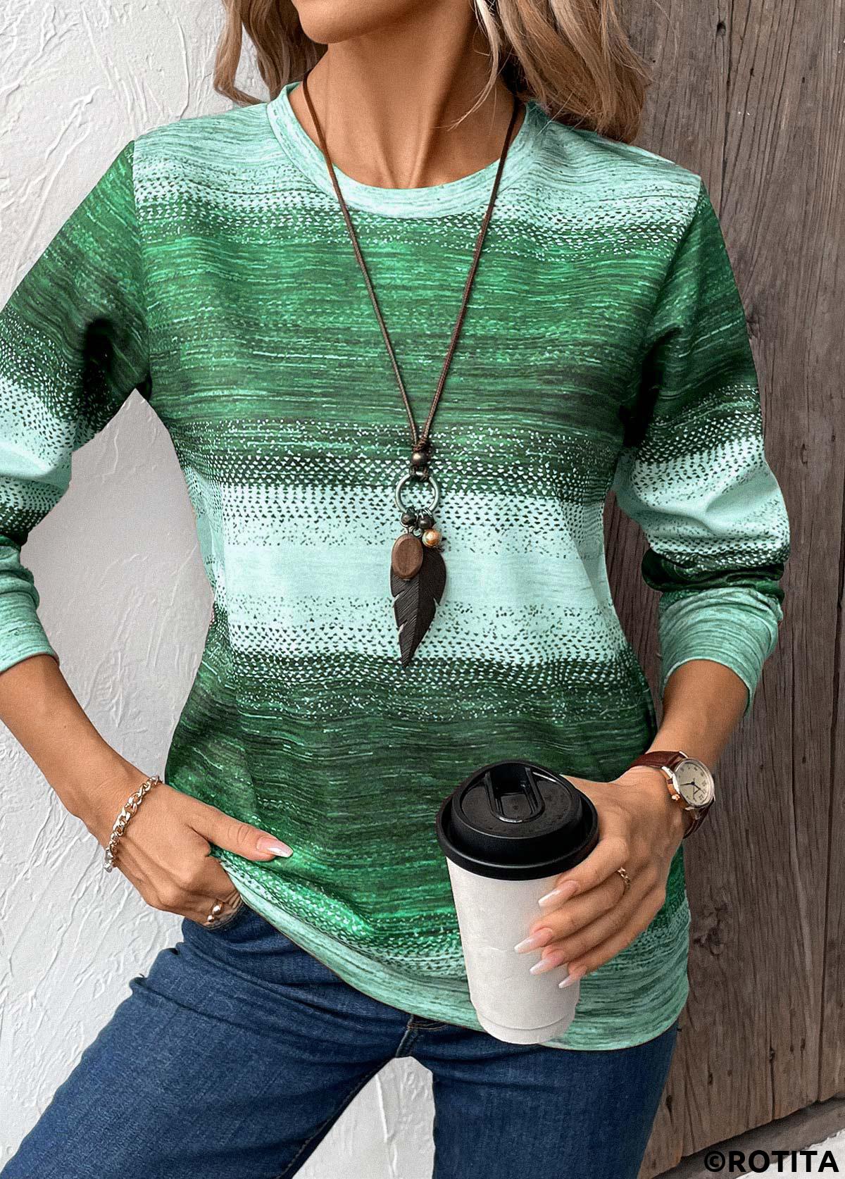Green tops,Tribal tops,ROTITA Patchwork Tribal Print Green Round Neck Sweatshirt