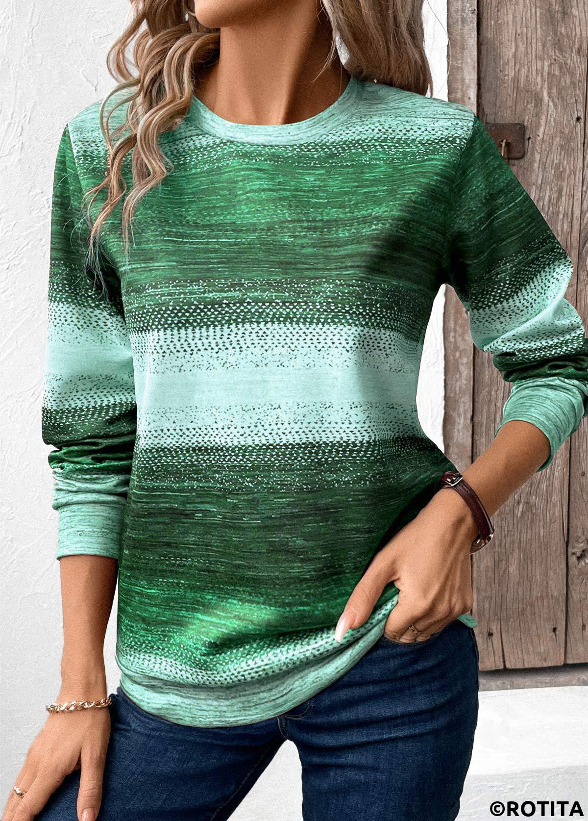 Green tops,Tribal tops,ROTITA Patchwork Tribal Print Green Round Neck Sweatshirt