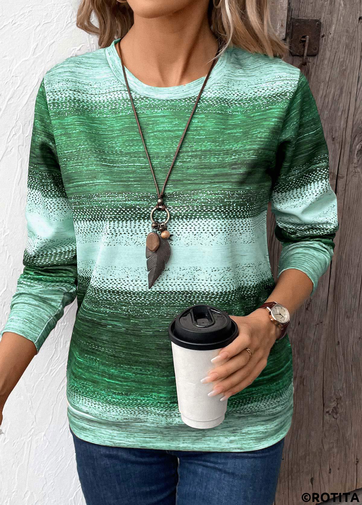 Green tops,Tribal tops,ROTITA Patchwork Tribal Print Green Round Neck Sweatshirt