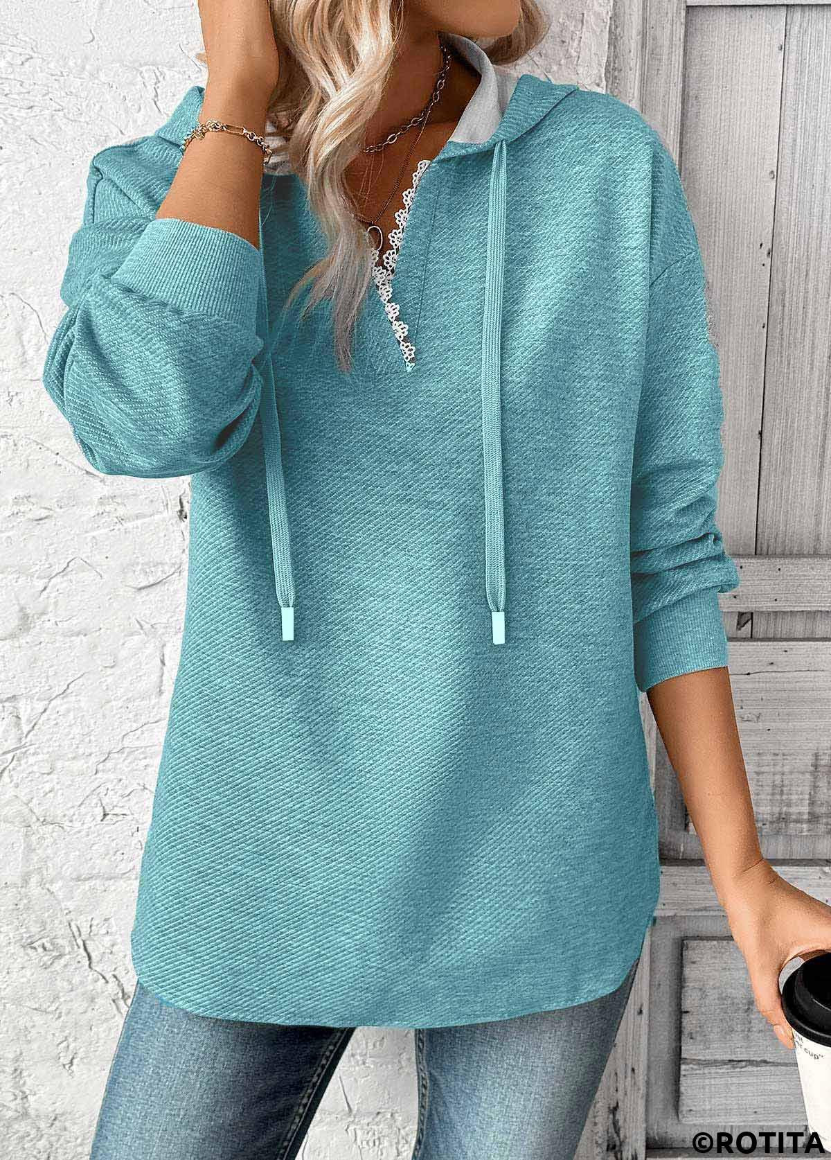 Blue tops,Plain Color tops,ROTITA Embroidery Jacquard Blue Long Sleeve Hoodie