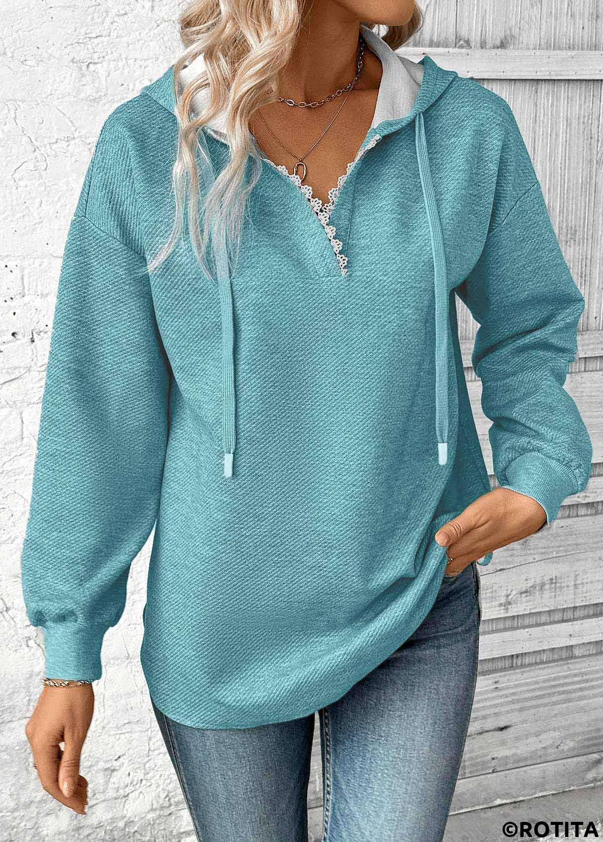 Blue tops,Plain Color tops,ROTITA Embroidery Jacquard Blue Long Sleeve Hoodie