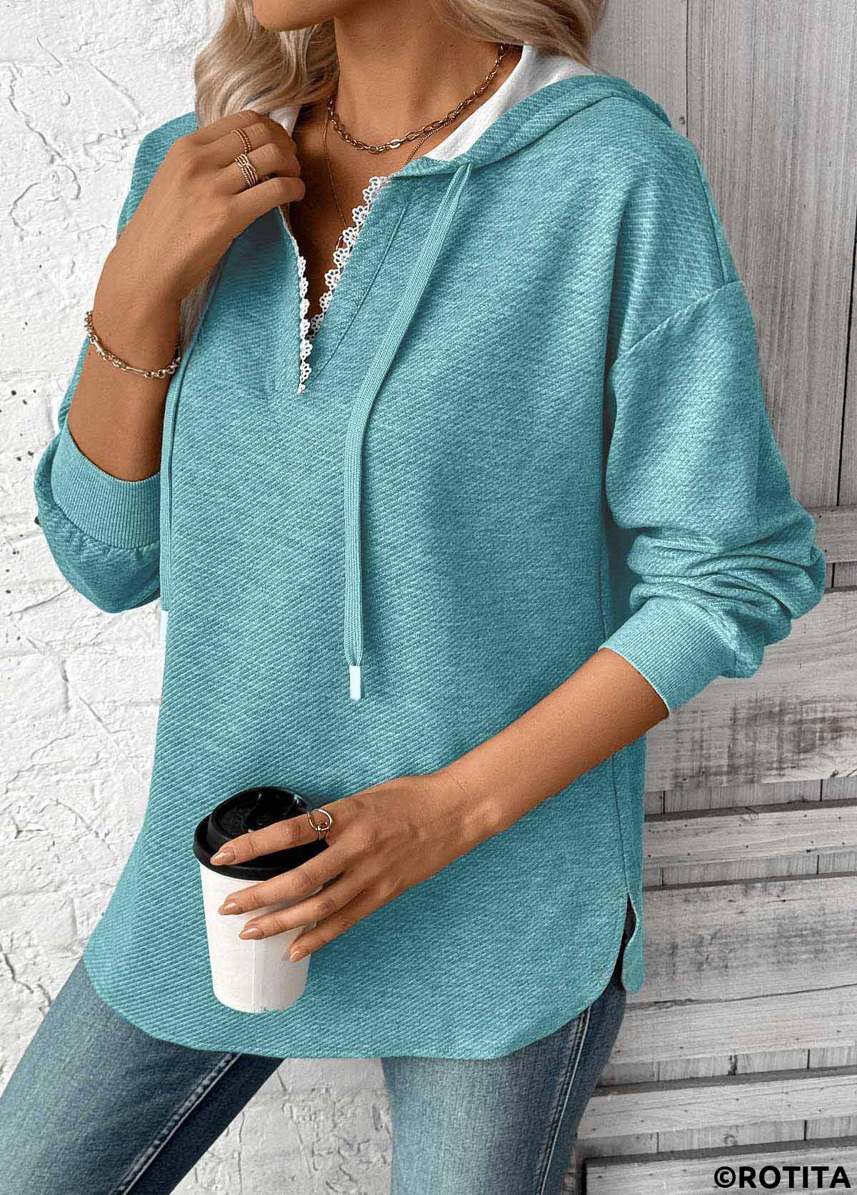 Blue tops,Plain Color tops,ROTITA Embroidery Jacquard Blue Long Sleeve Hoodie