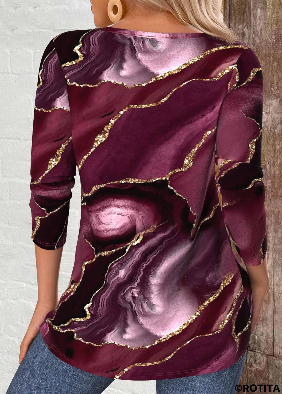 Dark Reddish Purple tops,Marble tops,ROTITA Cut Out Marble Print Dark Reddish Purple T Shirt
