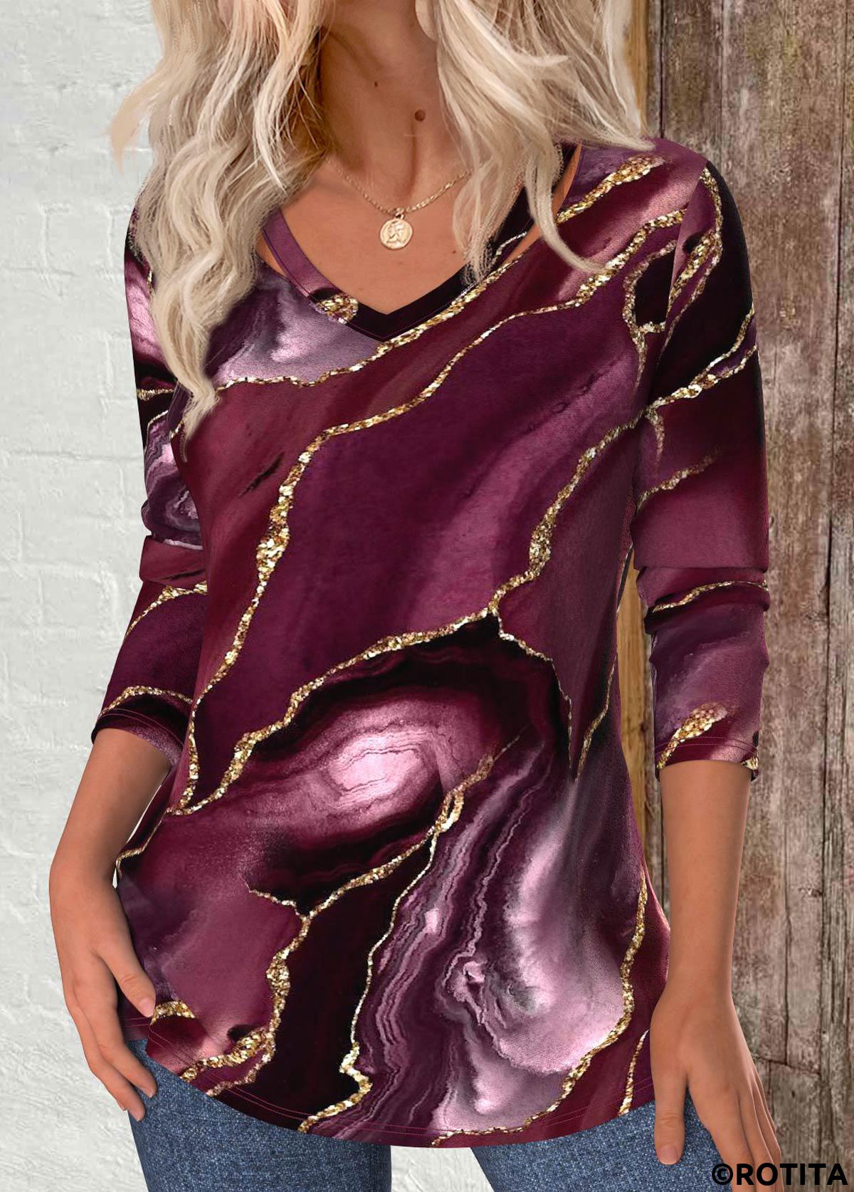 Dark Reddish Purple tops,Marble tops,ROTITA Cut Out Marble Print Dark Reddish Purple T Shirt