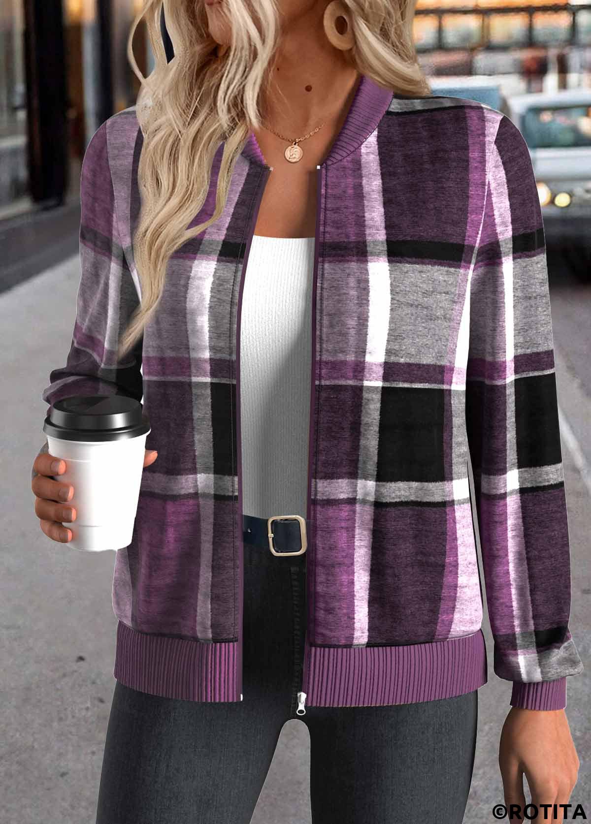 Purple tops,Plaid tops,ROTITA Zipper Plaid Purple Stand Collar Long Sleeve Jacket