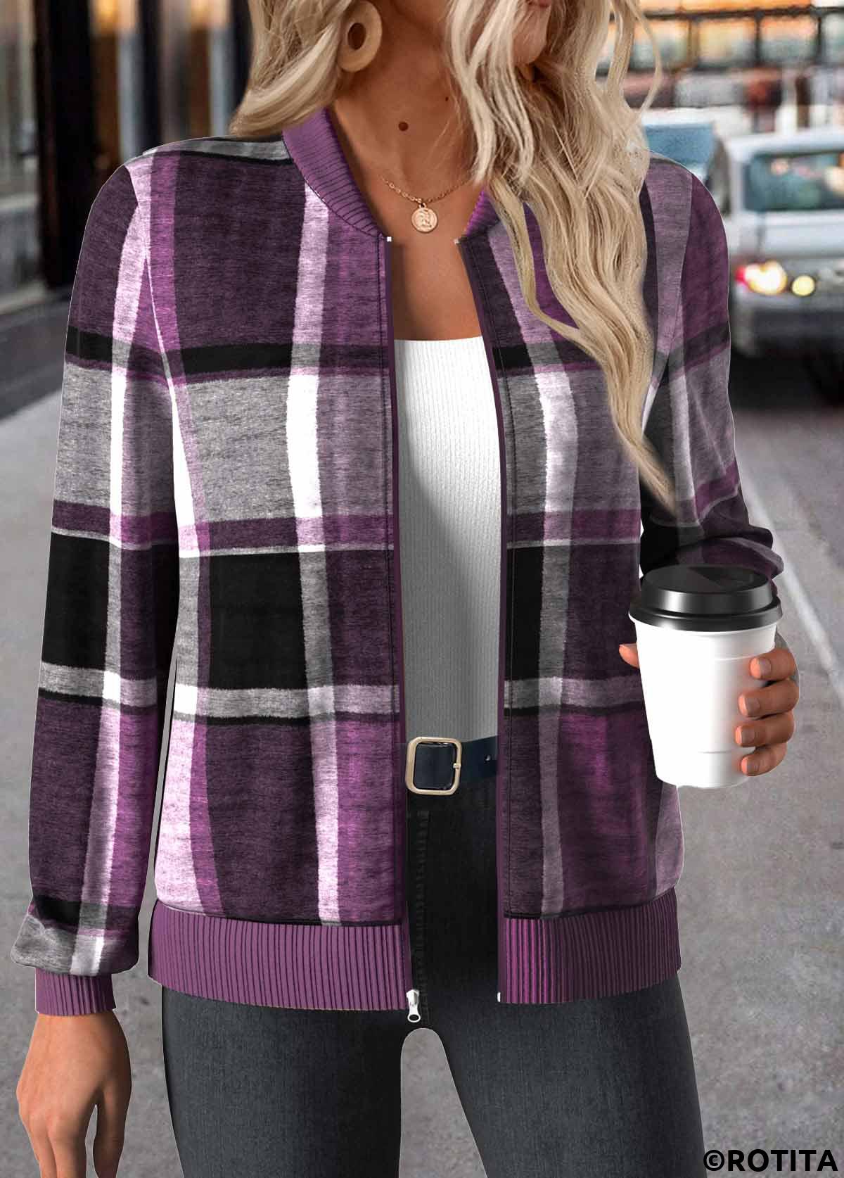 Purple tops,Plaid tops,ROTITA Zipper Plaid Purple Stand Collar Long Sleeve Jacket