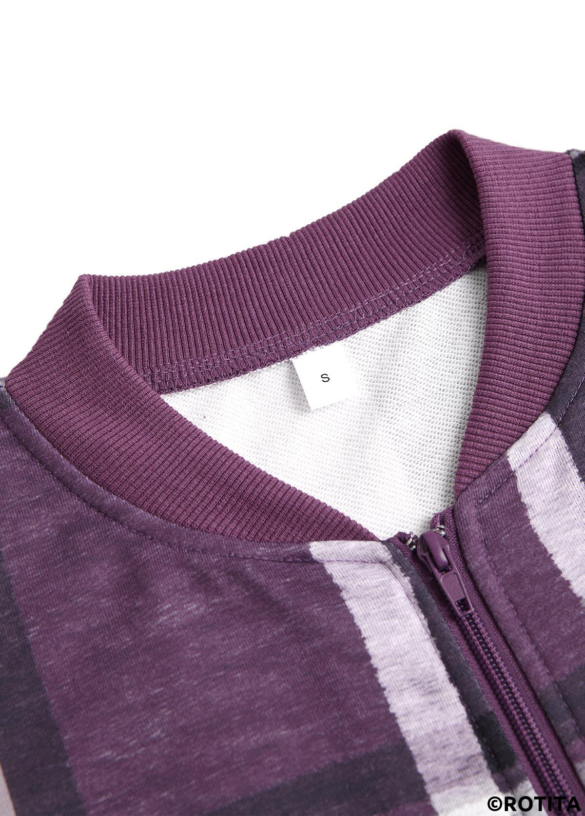 Purple tops,Plaid tops,ROTITA Zipper Plaid Purple Stand Collar Long Sleeve Jacket
