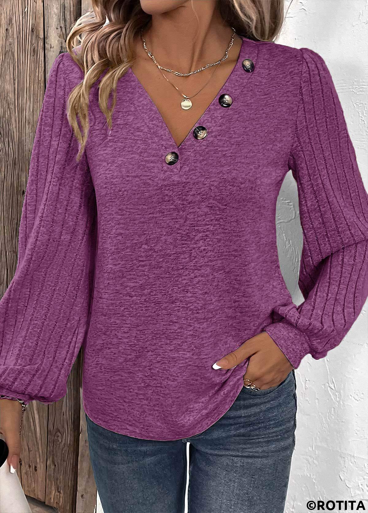 Purple tops,Plain Color tops,ROTITA Button Purple V Neck Long Sleeve T Shirt