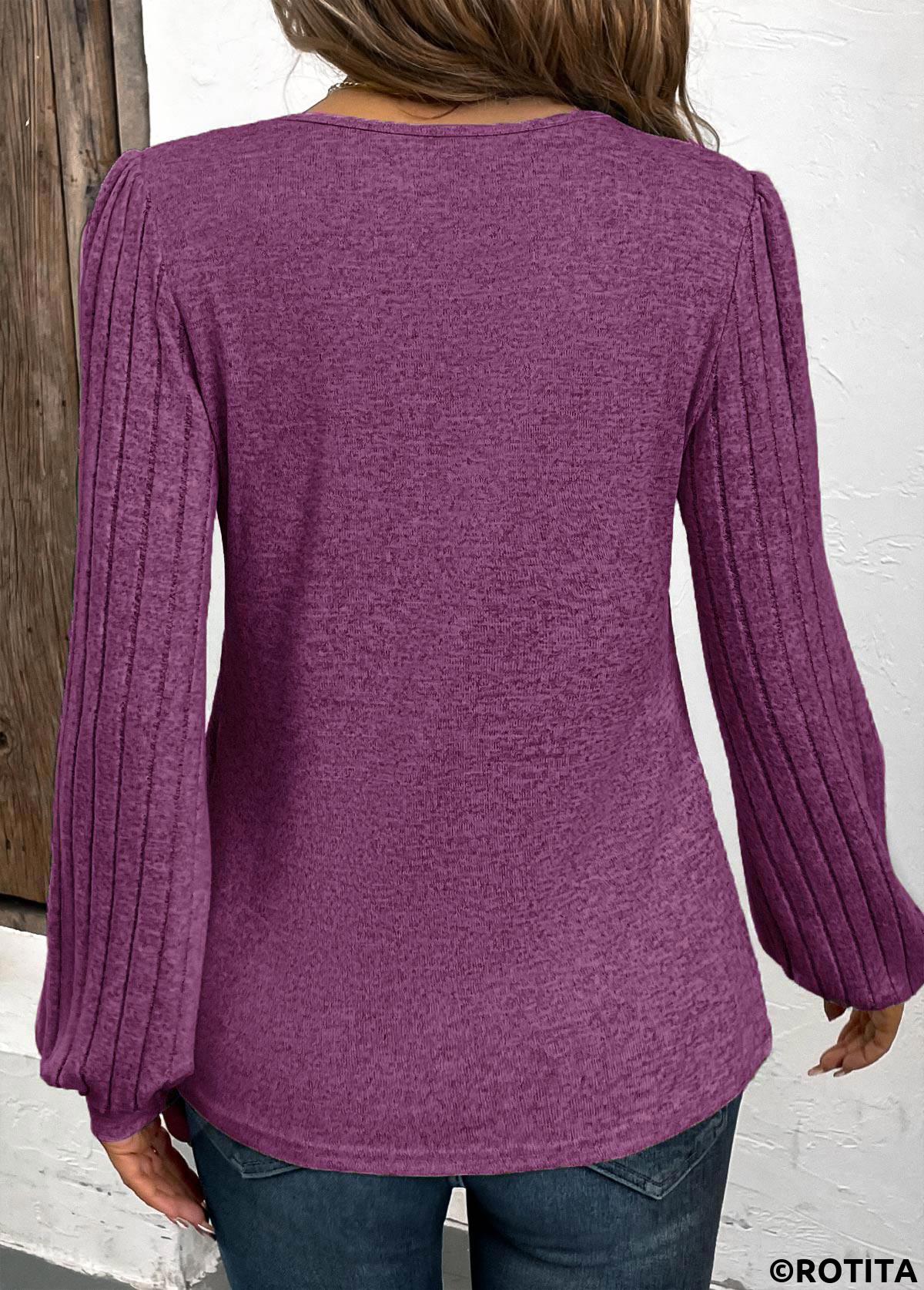 Purple tops,Plain Color tops,ROTITA Button Purple V Neck Long Sleeve T Shirt
