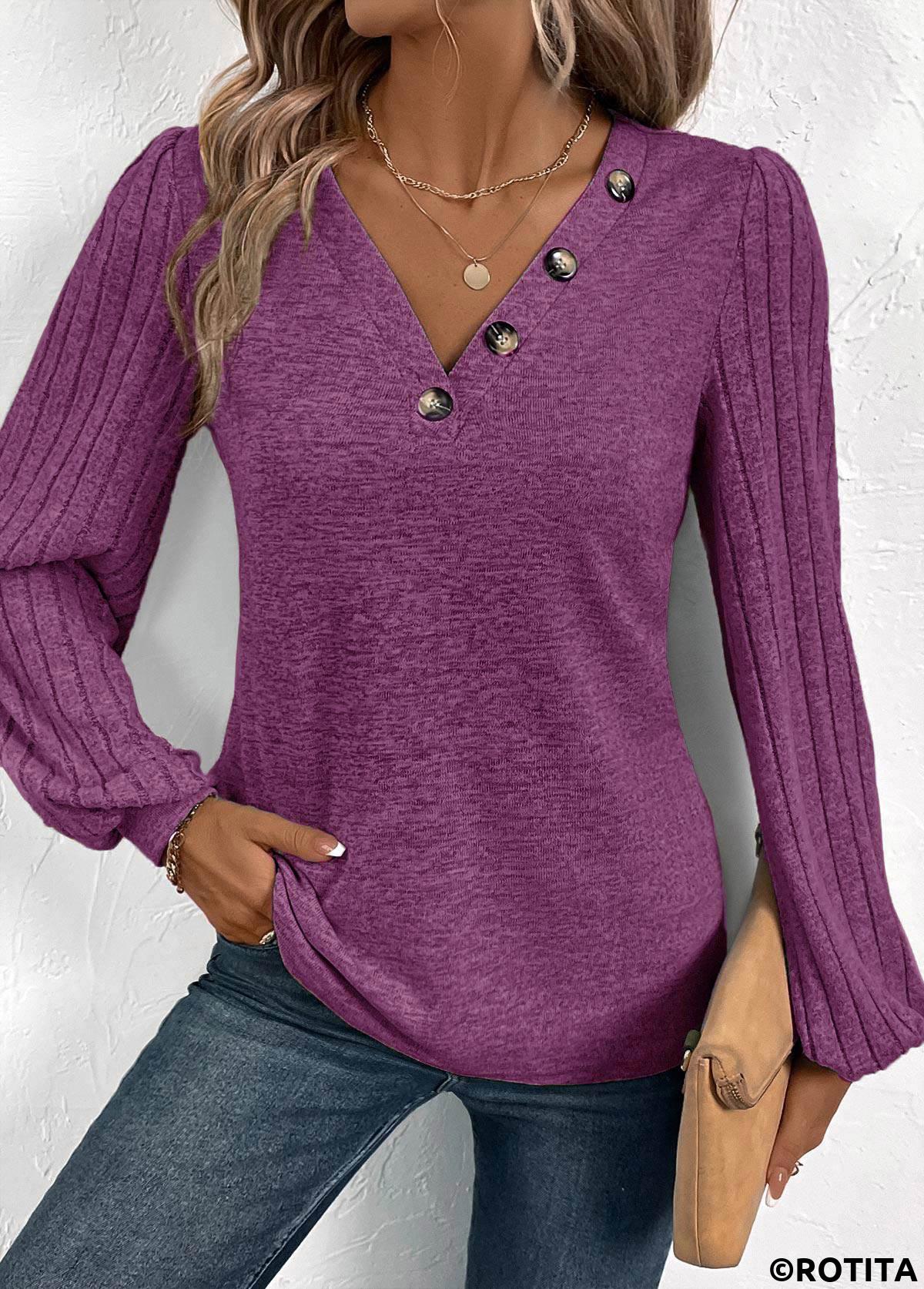 Purple tops,Plain Color tops,ROTITA Button Purple V Neck Long Sleeve T Shirt