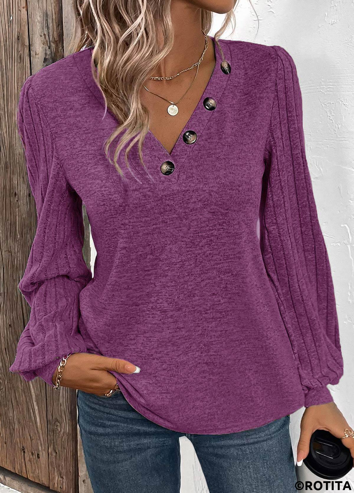 Purple tops,Plain Color tops,ROTITA Button Purple V Neck Long Sleeve T Shirt