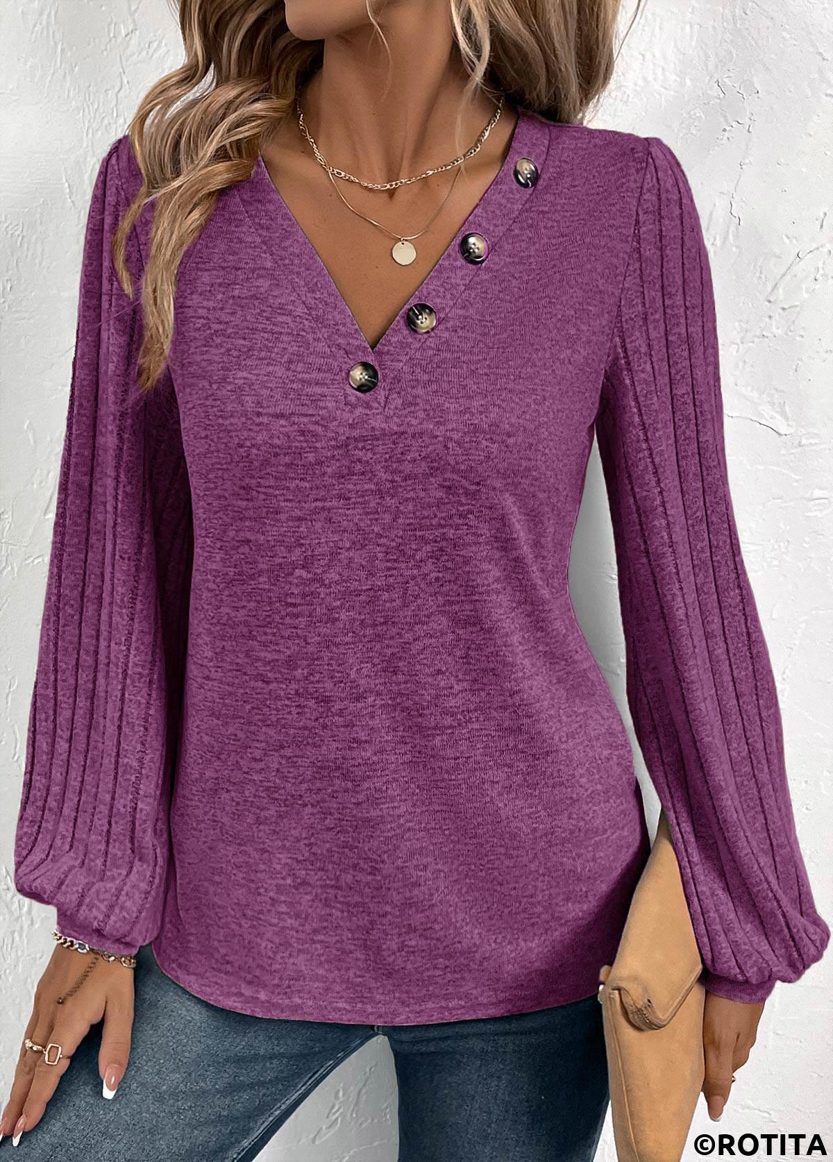 Purple tops,Plain Color tops,ROTITA Button Purple V Neck Long Sleeve T Shirt