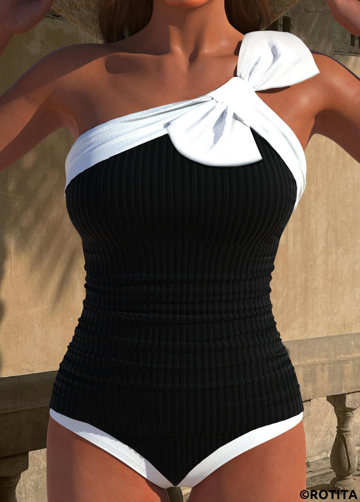 Black swimwear,Plain Color swimwear,ROTITA Contrast Binding Black Asymmetry Tankini Set