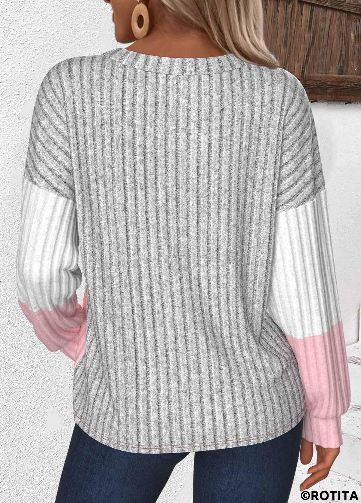 Light Grey plus size,Contrast Color plus size,ROTITA Plus Size Patchwork Light Grey Round Neck Sweatshirt
