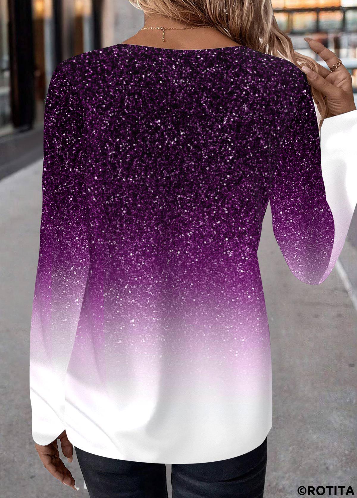 t-shirt à manches longues et col rond violet ombré patchwork rotita