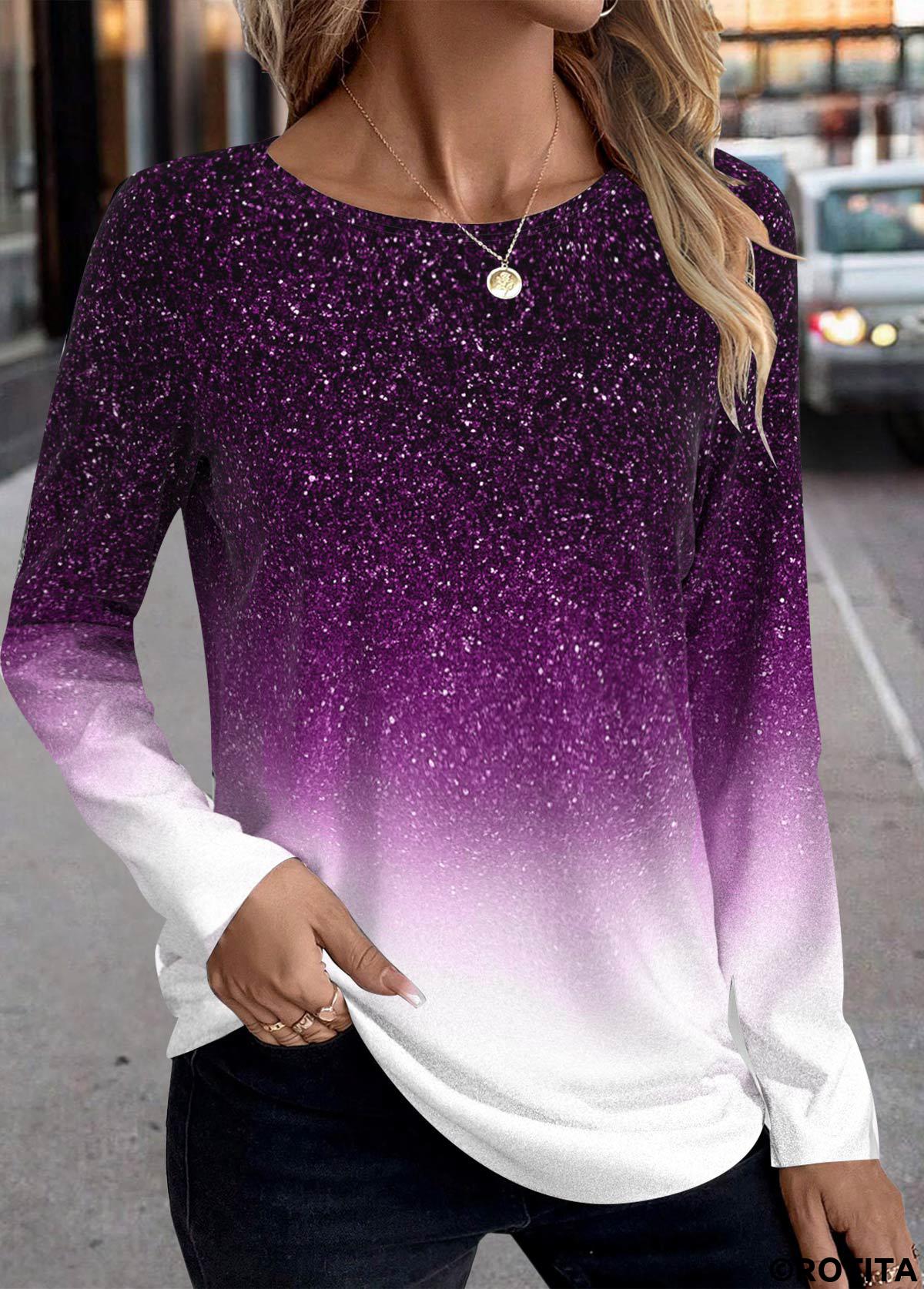 t-shirt à manches longues et col rond violet ombré patchwork rotita
