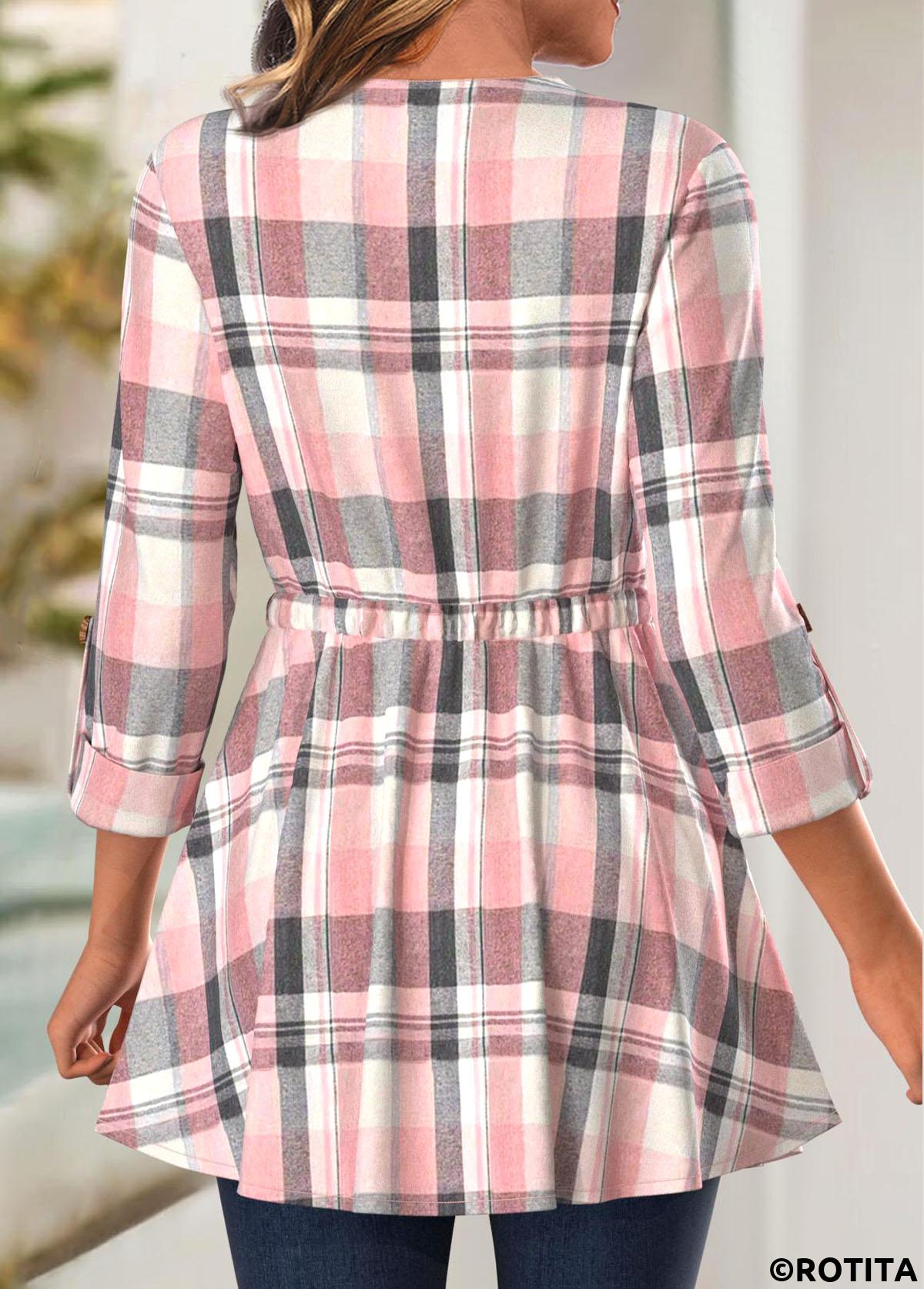 Pink tops,Plaid tops,Geometric tops,ROTITA Button Plaid Pink Long Sleeve Coat