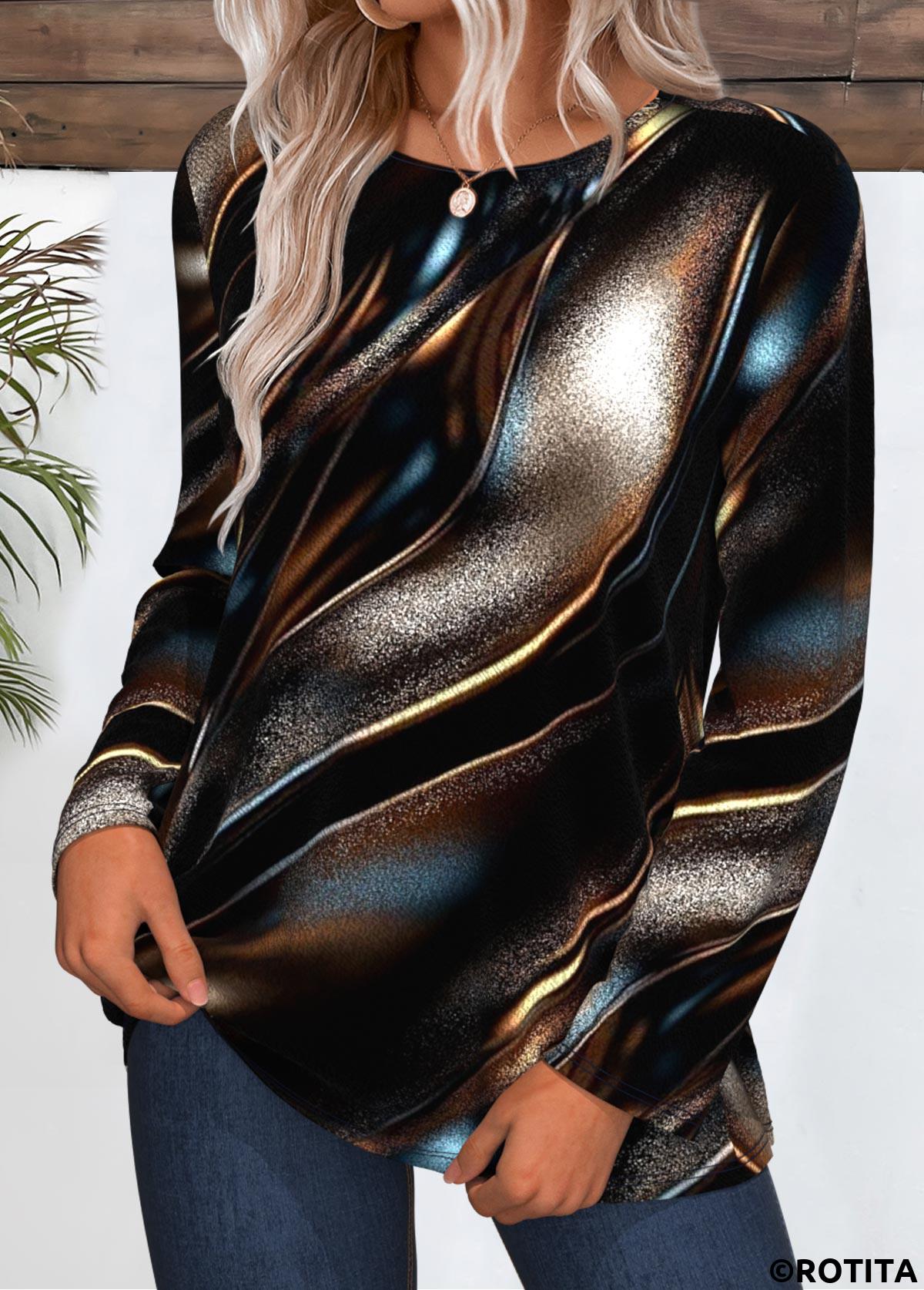 Dark Coffee tops,Dazzle Colorful tops,ROTITA Dazzle Colorful Print Dark Coffee Round Neck T Shirt