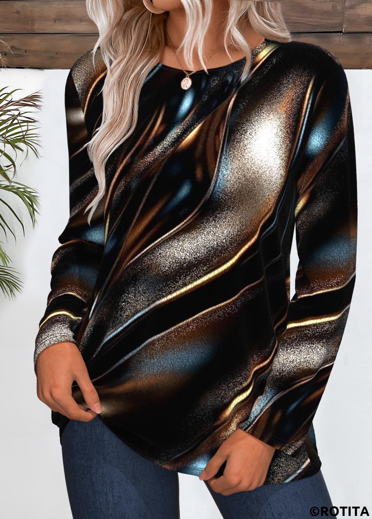 Dark Coffee tops,Dazzle Colorful tops,ROTITA Dazzle Colorful Print Dark Coffee Round Neck T Shirt